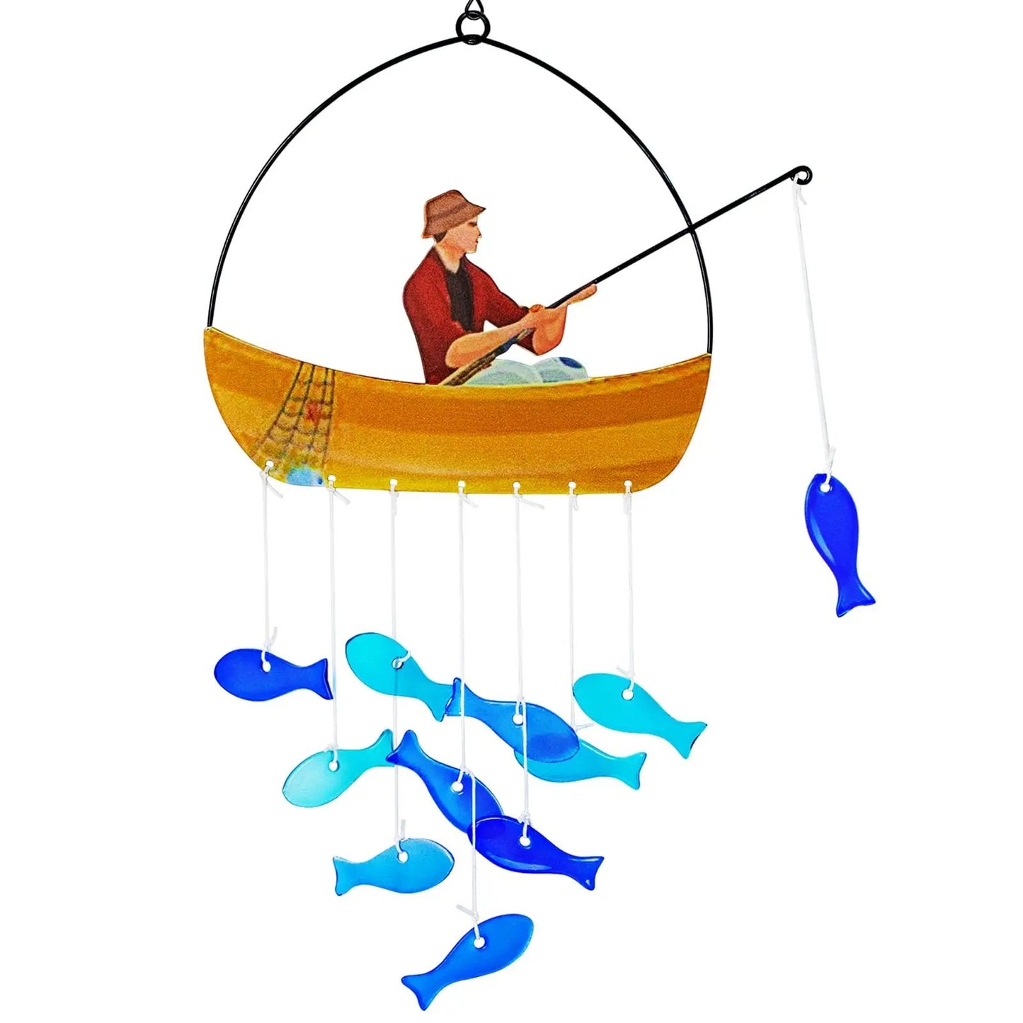 21" Coastal Blue Fish Wind Chimes – Handmade Sea Glass Outdoor Garden Decor