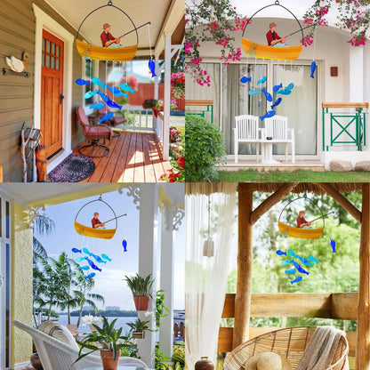 21" Coastal Blue Fish Wind Chimes – Handmade Sea Glass Outdoor Garden Decor