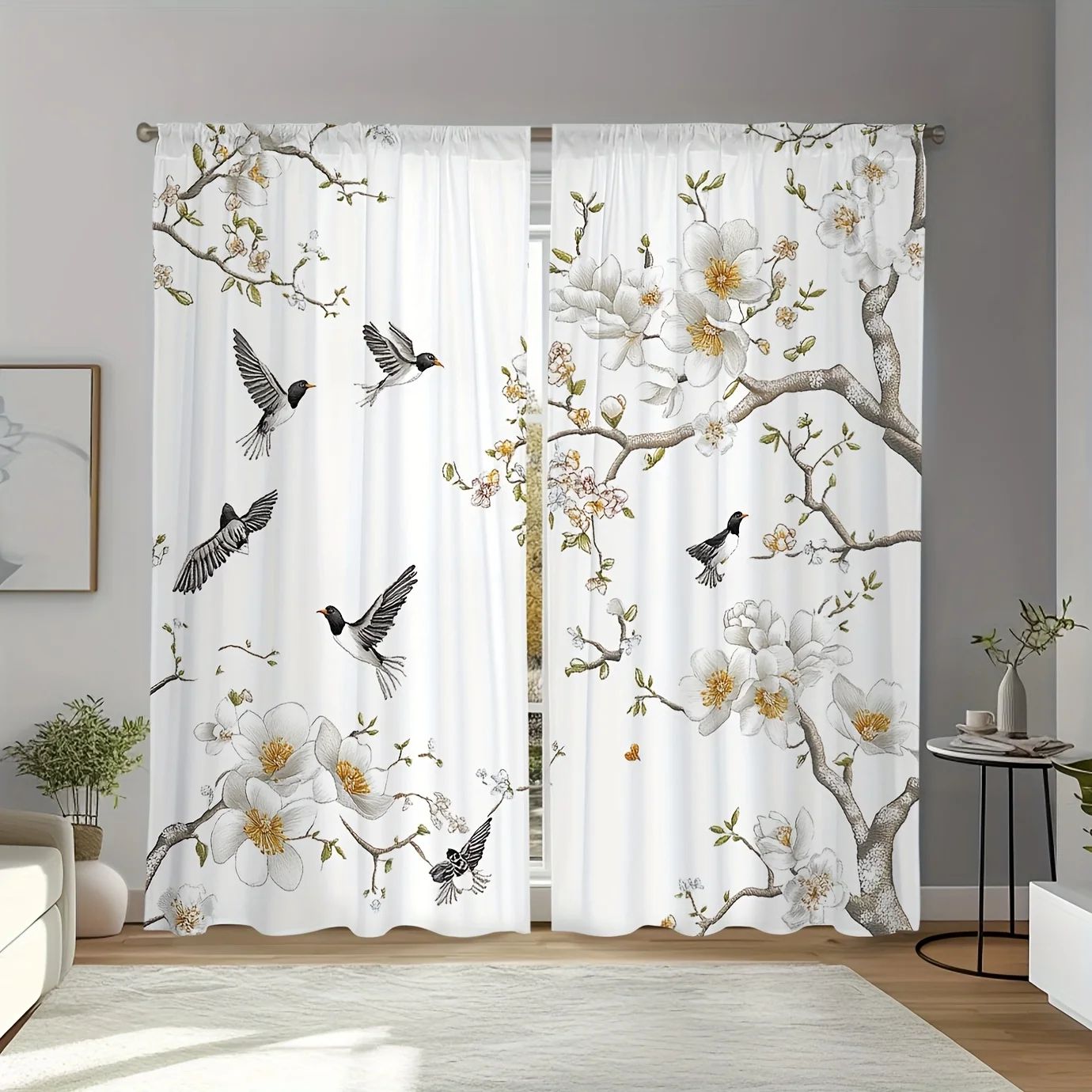Floral Bird Print Polyester Window Curtains Set for Living Room & Bedroom (2pcs)