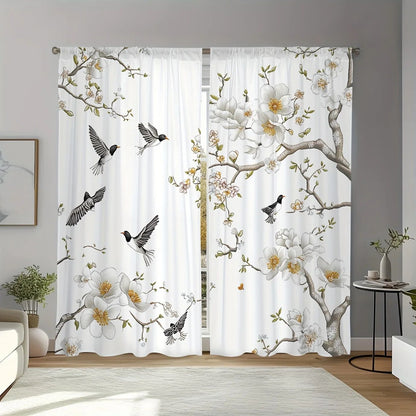 Floral Bird Print Polyester Window Curtains Set for Living Room & Bedroom (2pcs)