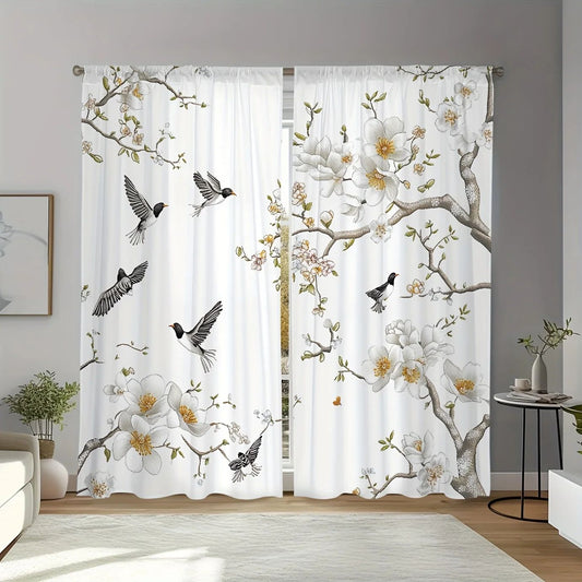 Floral Bird Print Polyester Window Curtains Set for Living Room & Bedroom (2pcs)