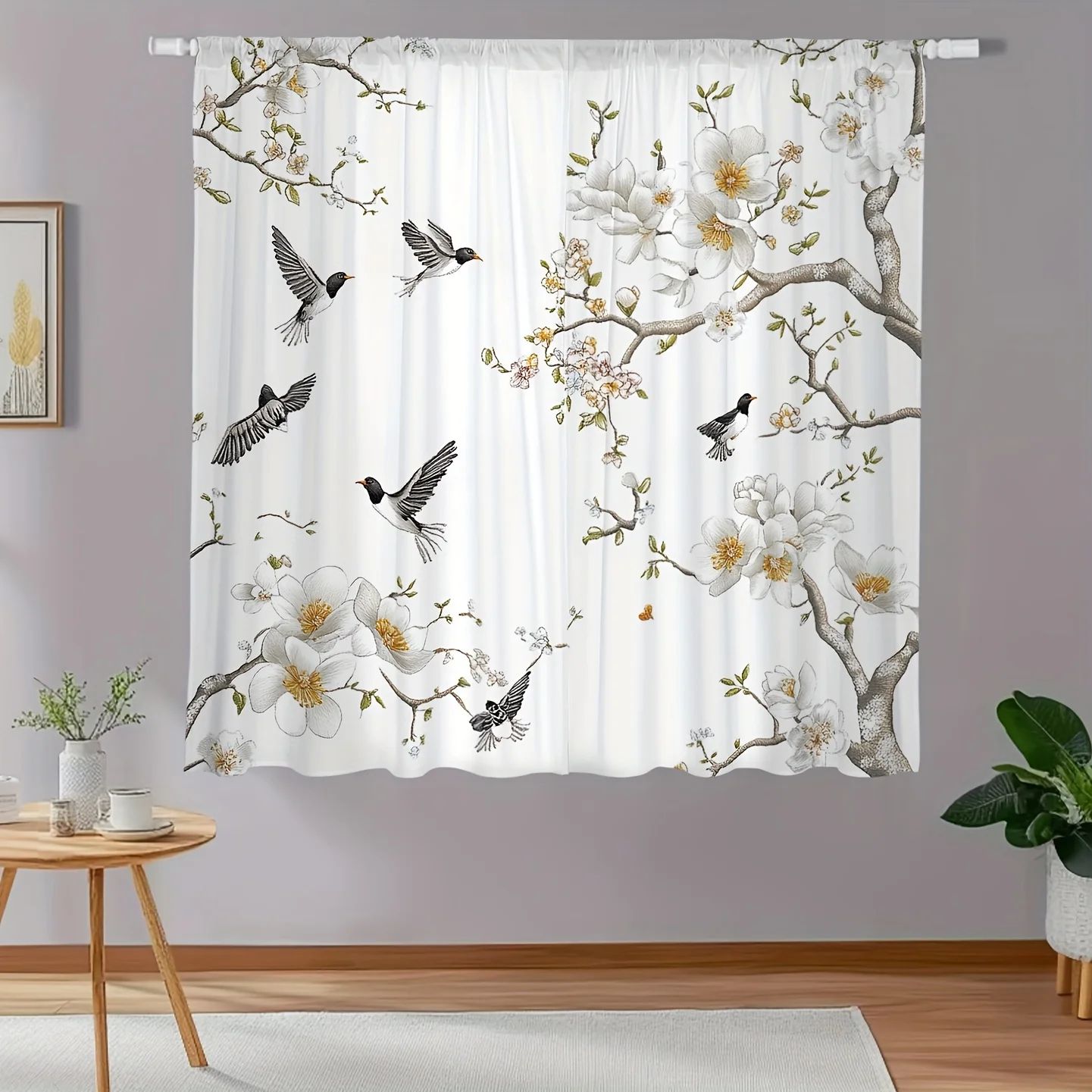Floral Bird Print Polyester Window Curtains Set for Living Room & Bedroom (2pcs)
