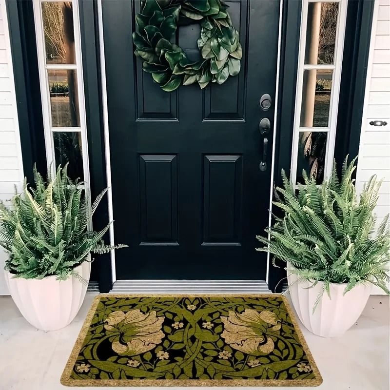 Botanical Welcome Floral Doormat | Green Indoor Plant Decoration | Machine Washable Rug for Bedroom & Hallway