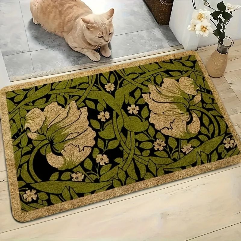 Botanical Welcome Floral Doormat | Green Indoor Plant Decoration | Machine Washable Rug for Bedroom & Hallway
