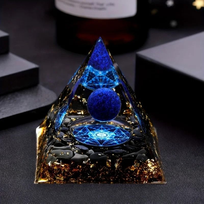 Lapis Lazuli Crystal Ball and Pyramid Geometric Decor Sculpture Set
