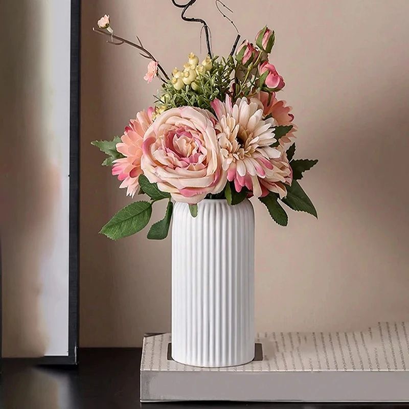 Striped Ceramic-Look Decorative Flower Vase for Modern Home Decor