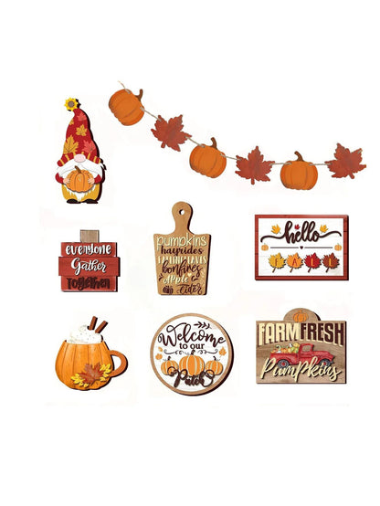 Rustic Farmhouse Wooden Tiered Tray Decor Set – Autumn Pumpkin Spice & Maple Leaf Centerpiece Accents