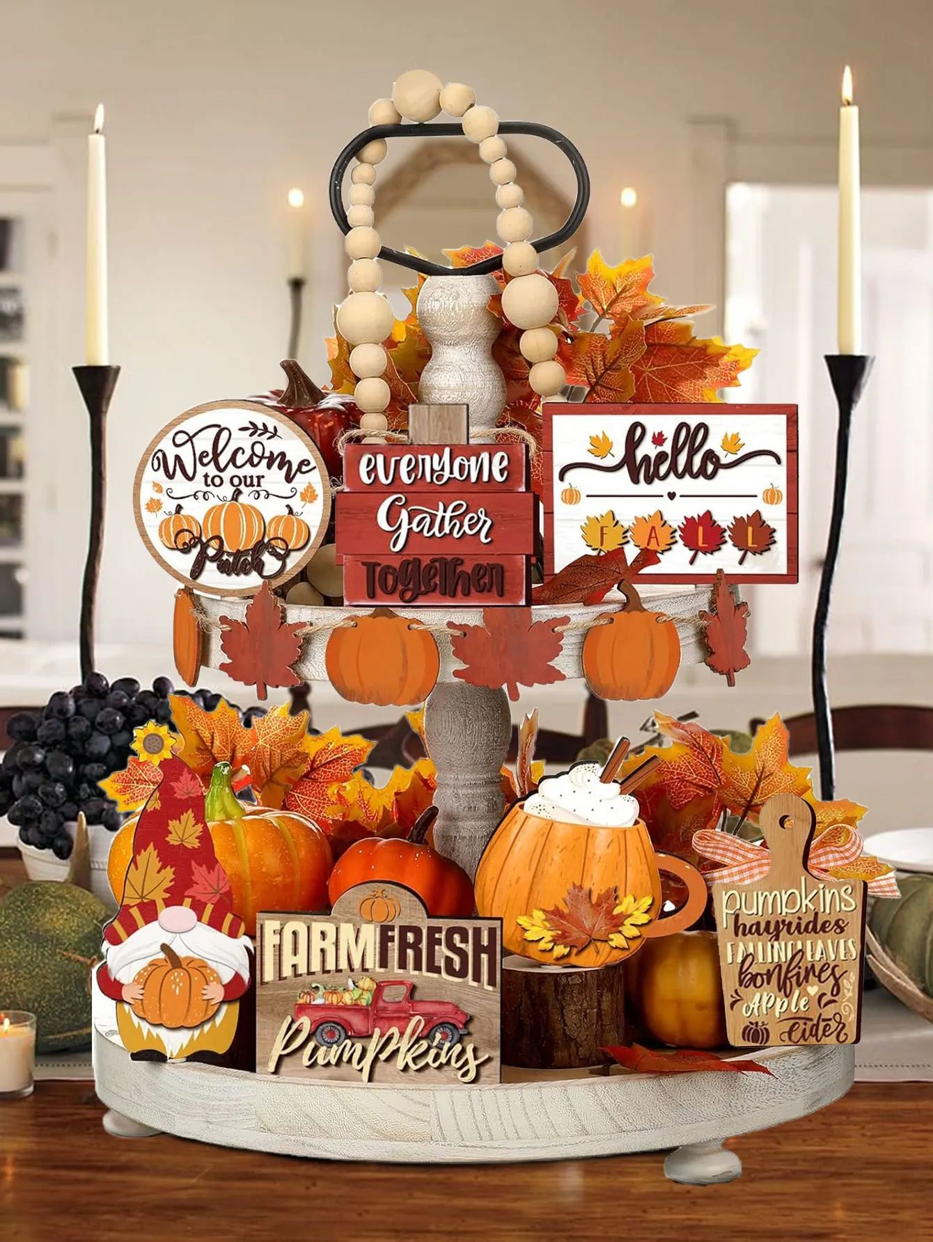 Rustic Farmhouse Wooden Tiered Tray Decor Set – Autumn Pumpkin Spice & Maple Leaf Centerpiece Accents