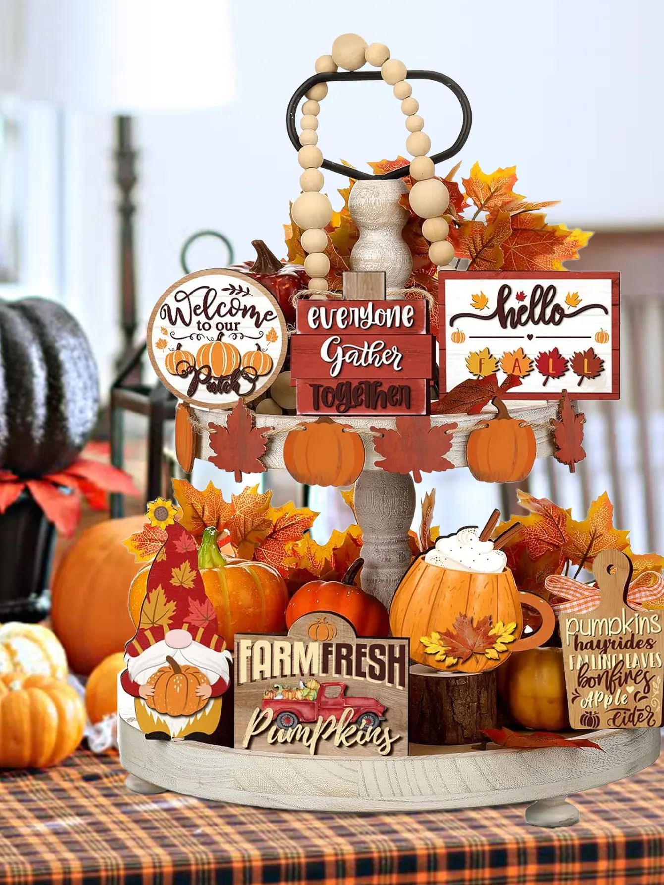 Rustic Farmhouse Wooden Tiered Tray Decor Set – Autumn Pumpkin Spice & Maple Leaf Centerpiece Accents