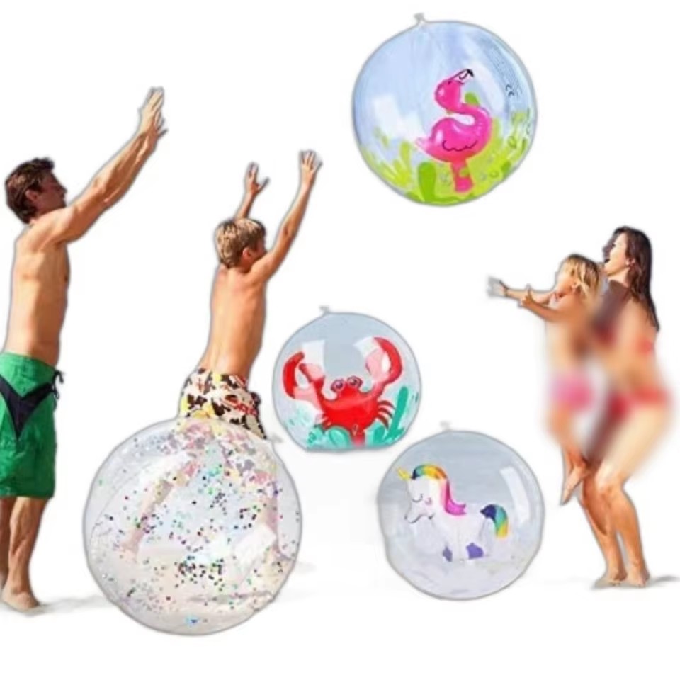 Transparent Inflatable Beach Ball with Flamingo Unicorn Designs for Kids Outdoor Water Fun