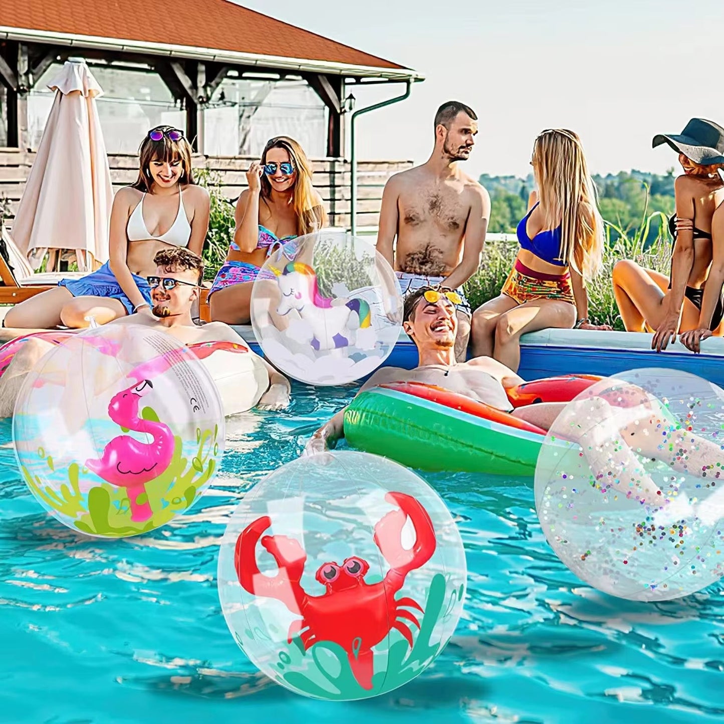 Transparent Inflatable Beach Ball with Flamingo Unicorn Designs for Kids Outdoor Water Fun