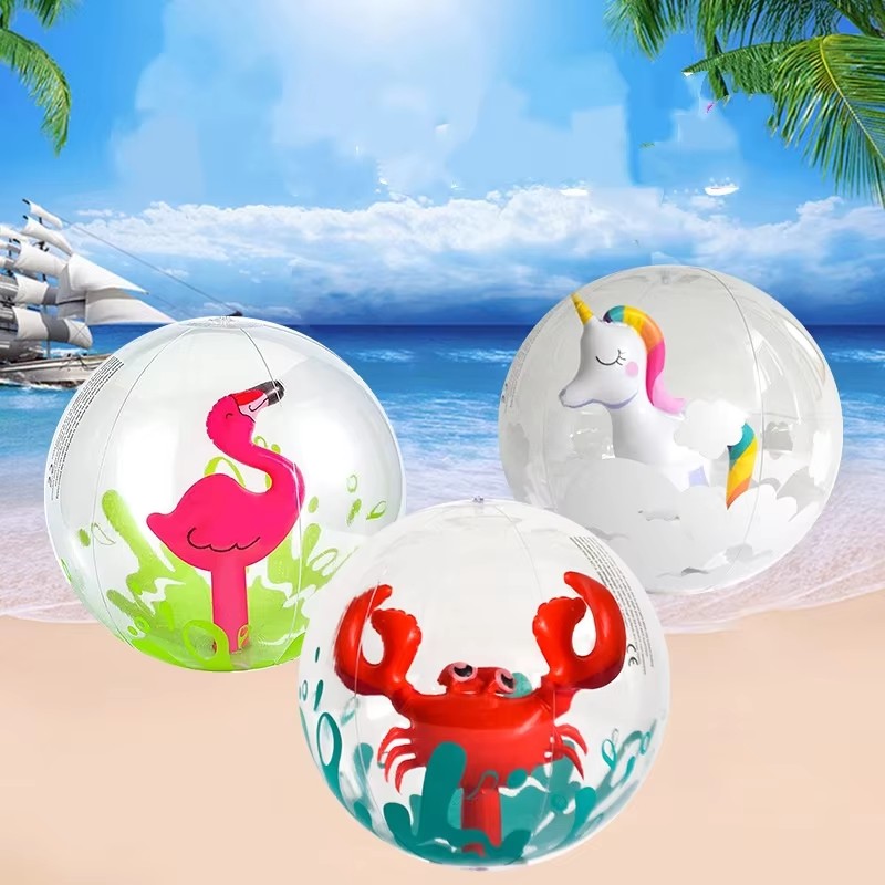 Transparent Inflatable Beach Ball with Flamingo Unicorn Designs for Kids Outdoor Water Fun