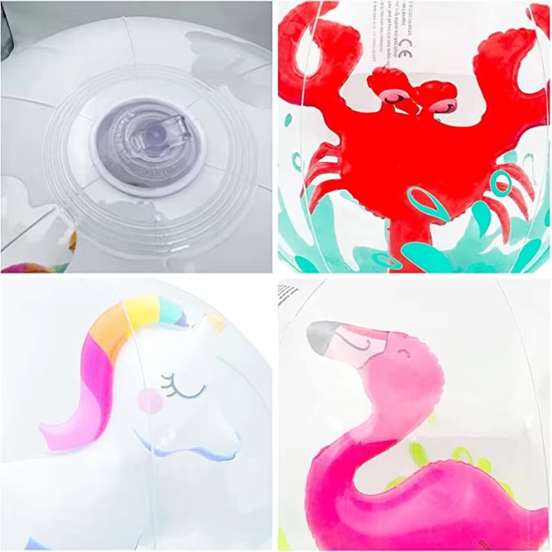 Transparent Inflatable Beach Ball with Flamingo Unicorn Designs for Kids Outdoor Water Fun