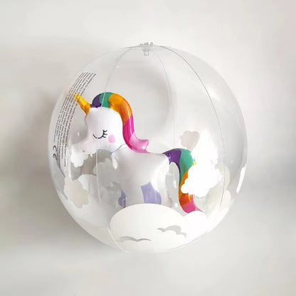 Transparent Inflatable Beach Ball with Flamingo Unicorn Designs for Kids Outdoor Water Fun