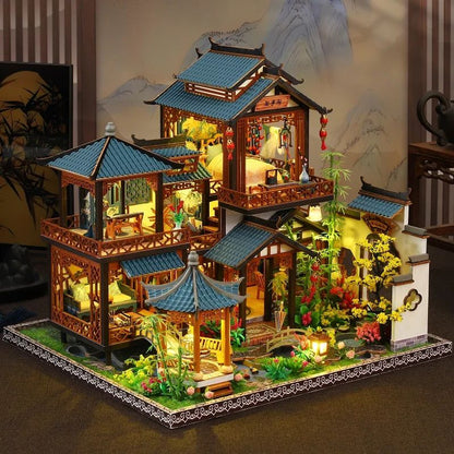 DIY Orchid Pavilion Book Nook Kit – 3D Ancient Chinese Miniature Model Shelf Insert Decor