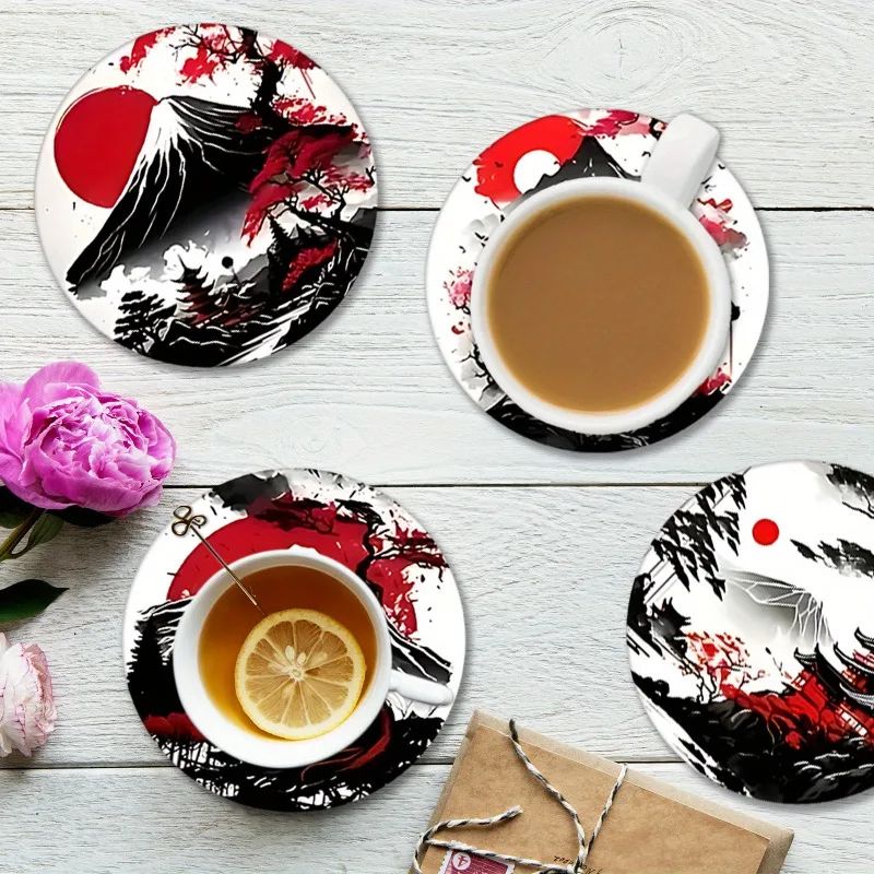Japanese Landscape Wooden Coaster Set – 6pcs Non-Slip Heatproof Drink Coasters for Home & Office