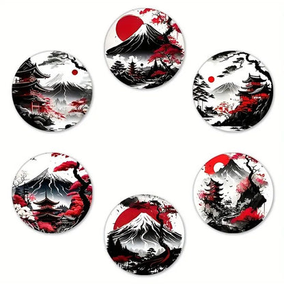 Japanese Landscape Wooden Coaster Set – 6pcs Non-Slip Heatproof Drink Coasters for Home & Office