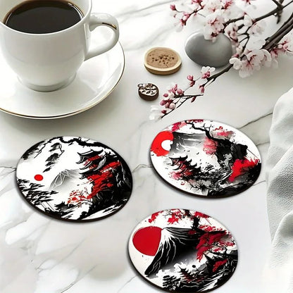Japanese Landscape Wooden Coaster Set – 6pcs Non-Slip Heatproof Drink Coasters for Home & Office