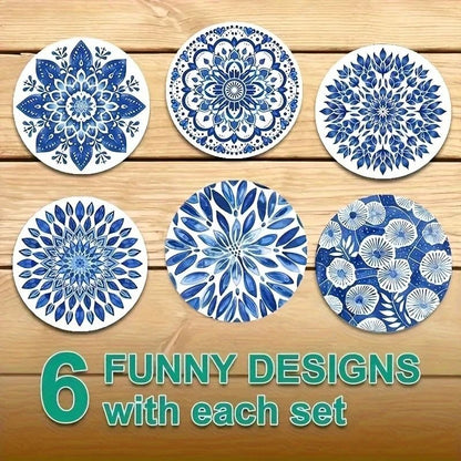 Blue Celadon Theme Wooden Coasters | 6pc Ceramic-Aesthetic Desk Mats | Desktop Insulating Coffee Cup Decor