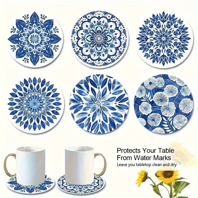 Blue Celadon Theme Wooden Coasters | 6pc Ceramic-Aesthetic Desk Mats | Desktop Insulating Coffee Cup Decor