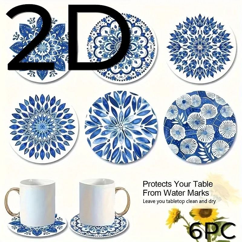 Blue Celadon Theme Wooden Coasters | 6pc Ceramic-Aesthetic Desk Mats | Desktop Insulating Coffee Cup Decor
