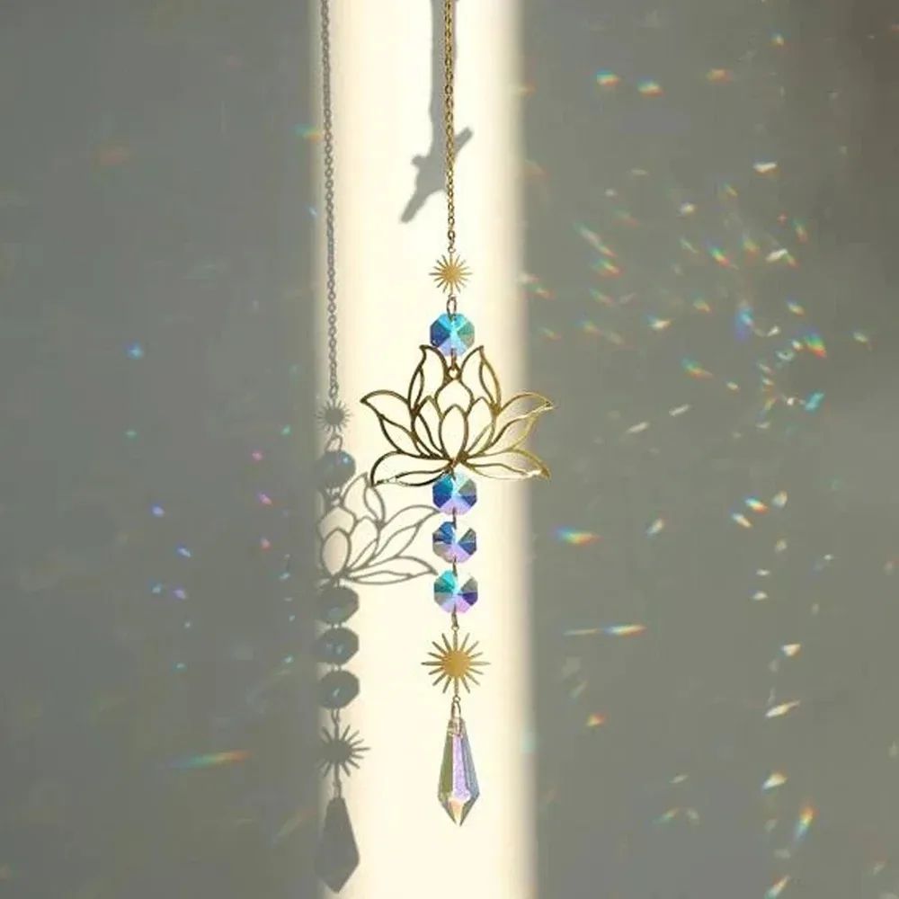 Crystal Lotus Suncatcher Wind Chime – Metal Hanging Charm for Garden, Window & Home Decor