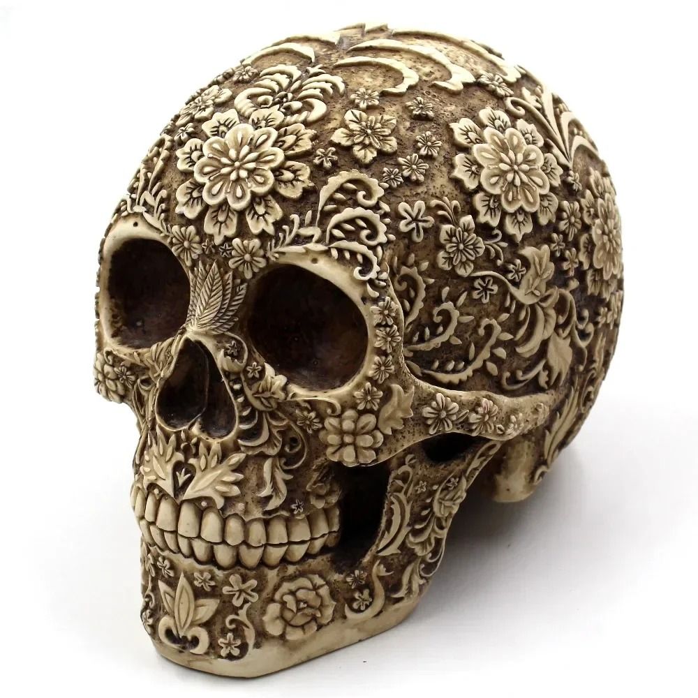 Artistic Resin Skull Sculpture with Plum Blossom Decorative Home Statue