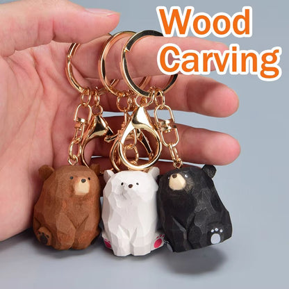 Hand-Carved Wooden Bear Keychain Cute Couple Animal Bag Charm Pendant