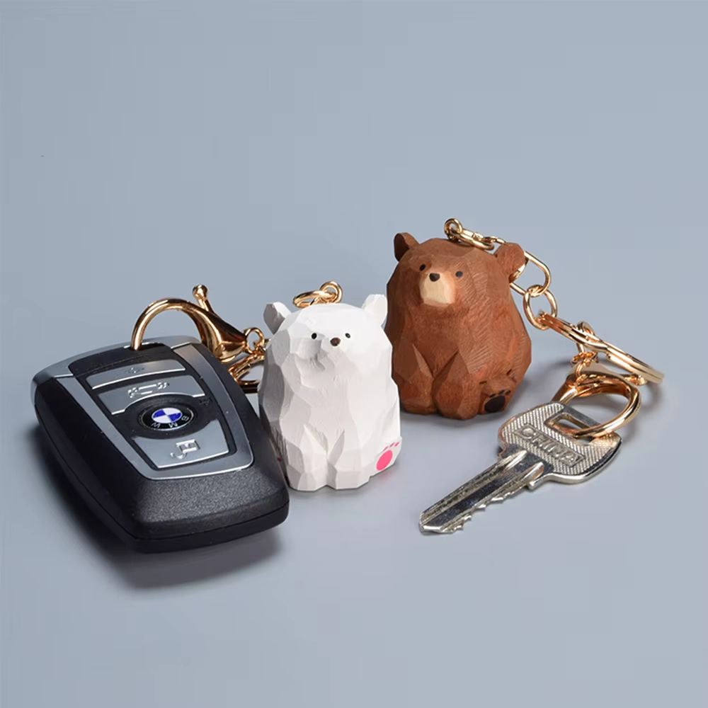 Hand-Carved Wooden Bear Keychain Cute Couple Animal Bag Charm Pendant