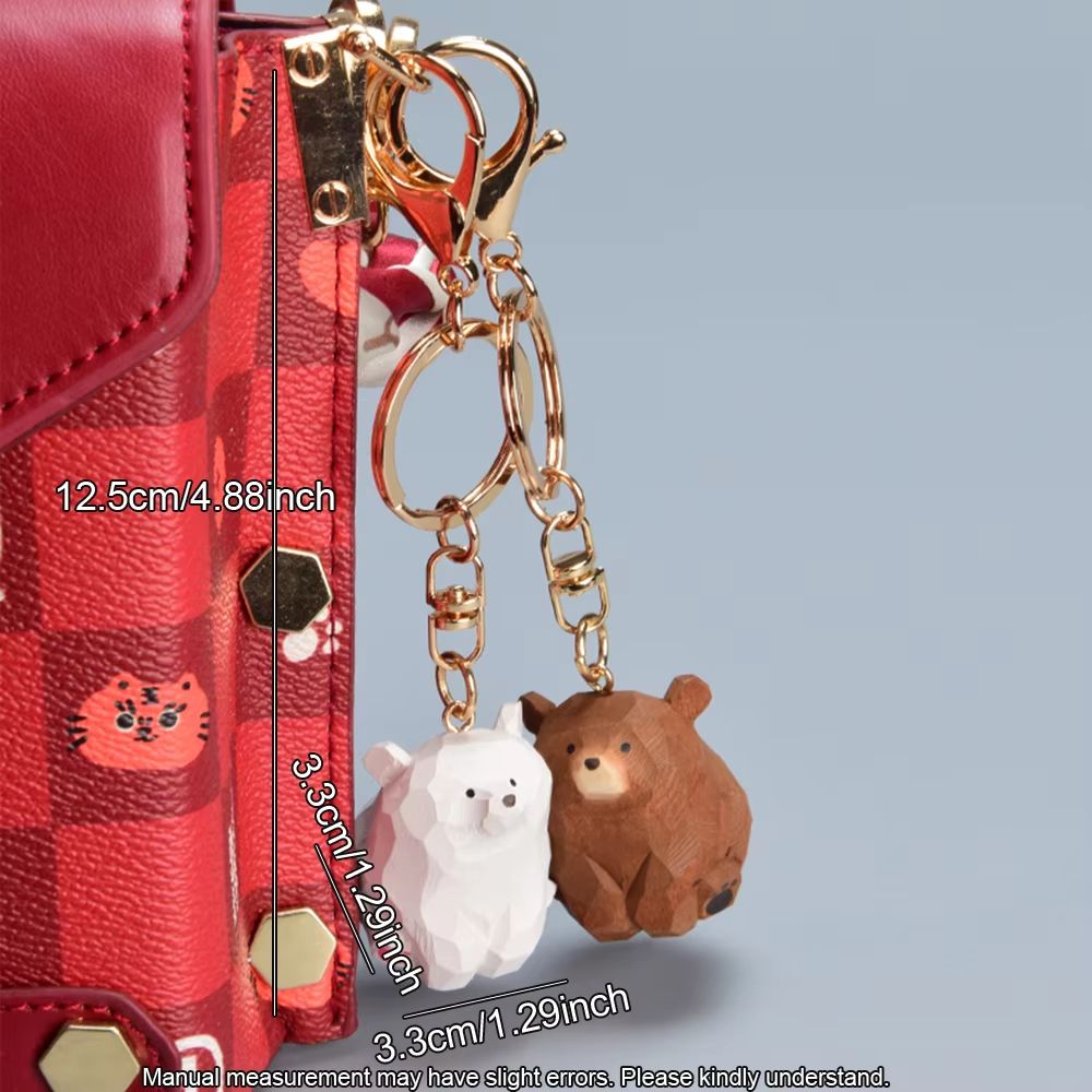 Hand-Carved Wooden Bear Keychain Cute Couple Animal Bag Charm Pendant