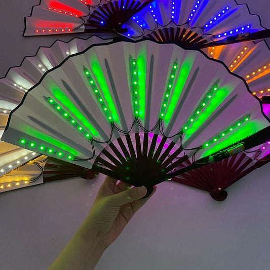 LED Neon Light Folding Fan – Glowing Rave Hand Fan for Party, Festival & Performance Decor