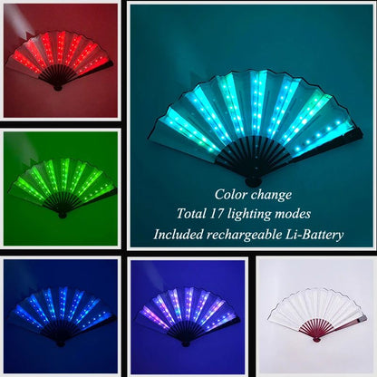 LED Neon Light Folding Fan – Glowing Rave Hand Fan for Party, Festival & Performance Decor