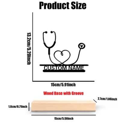Personalized Stethoscope Metal Sculpture – Custom Doctor Desk Decor with Wooden Base