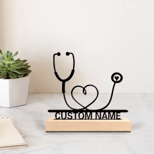 Personalized Stethoscope Metal Sculpture – Custom Doctor Desk Decor with Wooden Base
