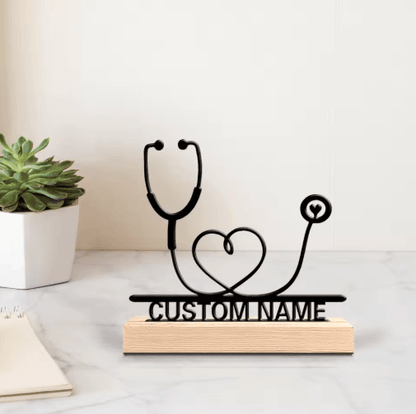 Personalized Stethoscope Metal Sculpture – Custom Doctor Desk Decor with Wooden Base
