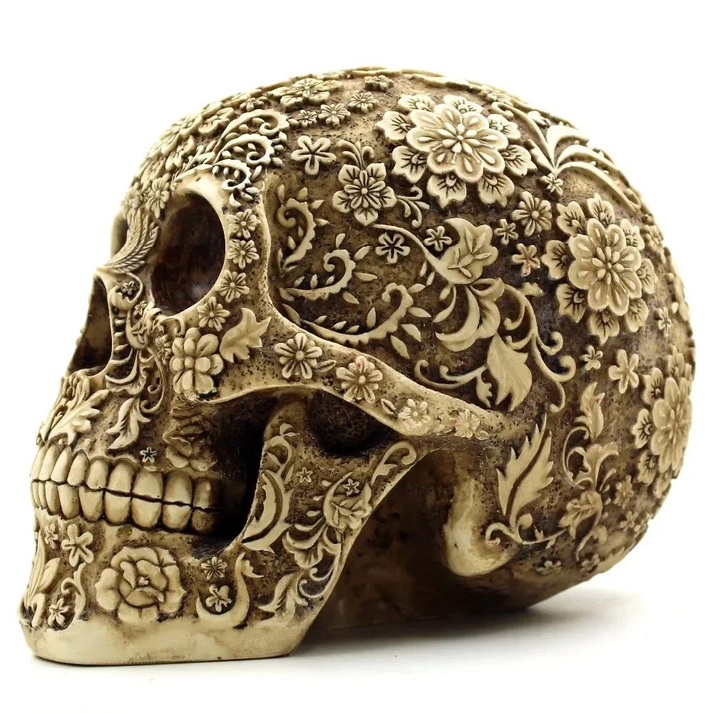 Elegant Resin Skull Sculpture with Plum Blossom Art – Gothic Home Decor Accent