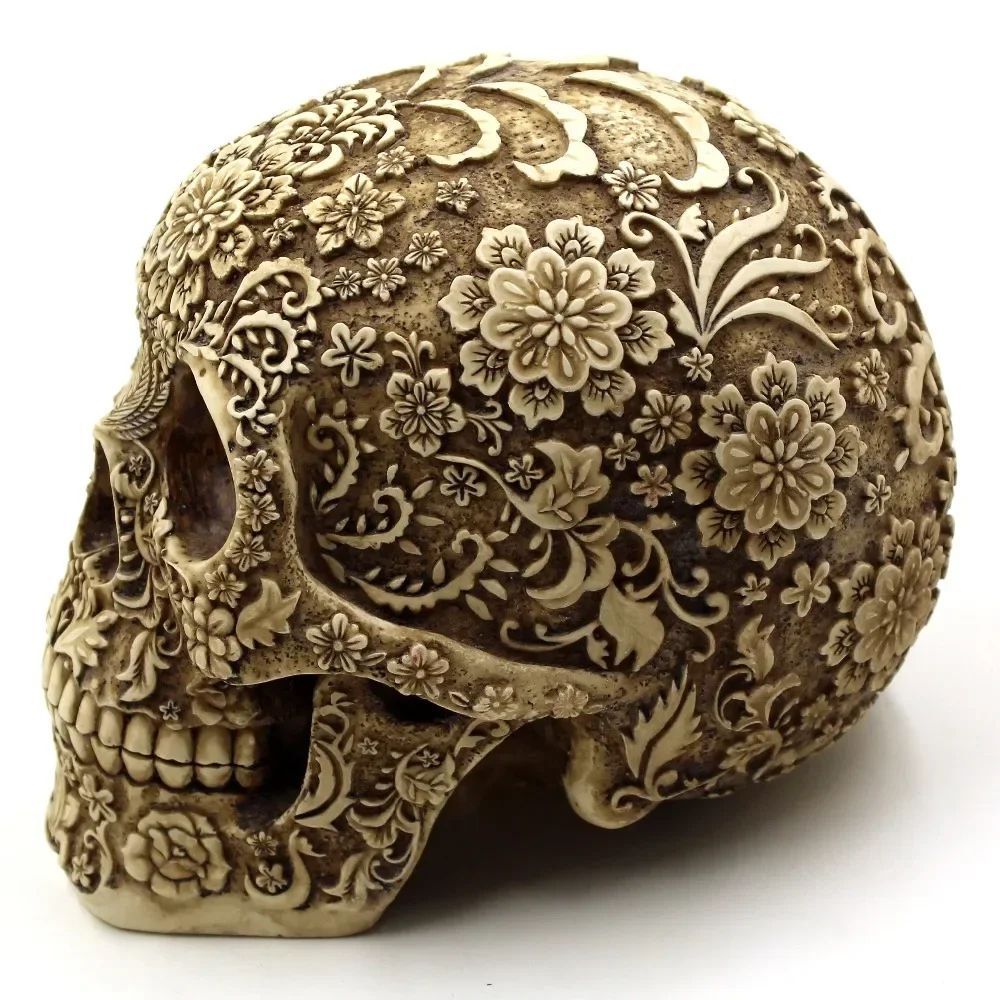 Elegant Resin Skull Sculpture with Plum Blossom Art – Gothic Home Decor Accent
