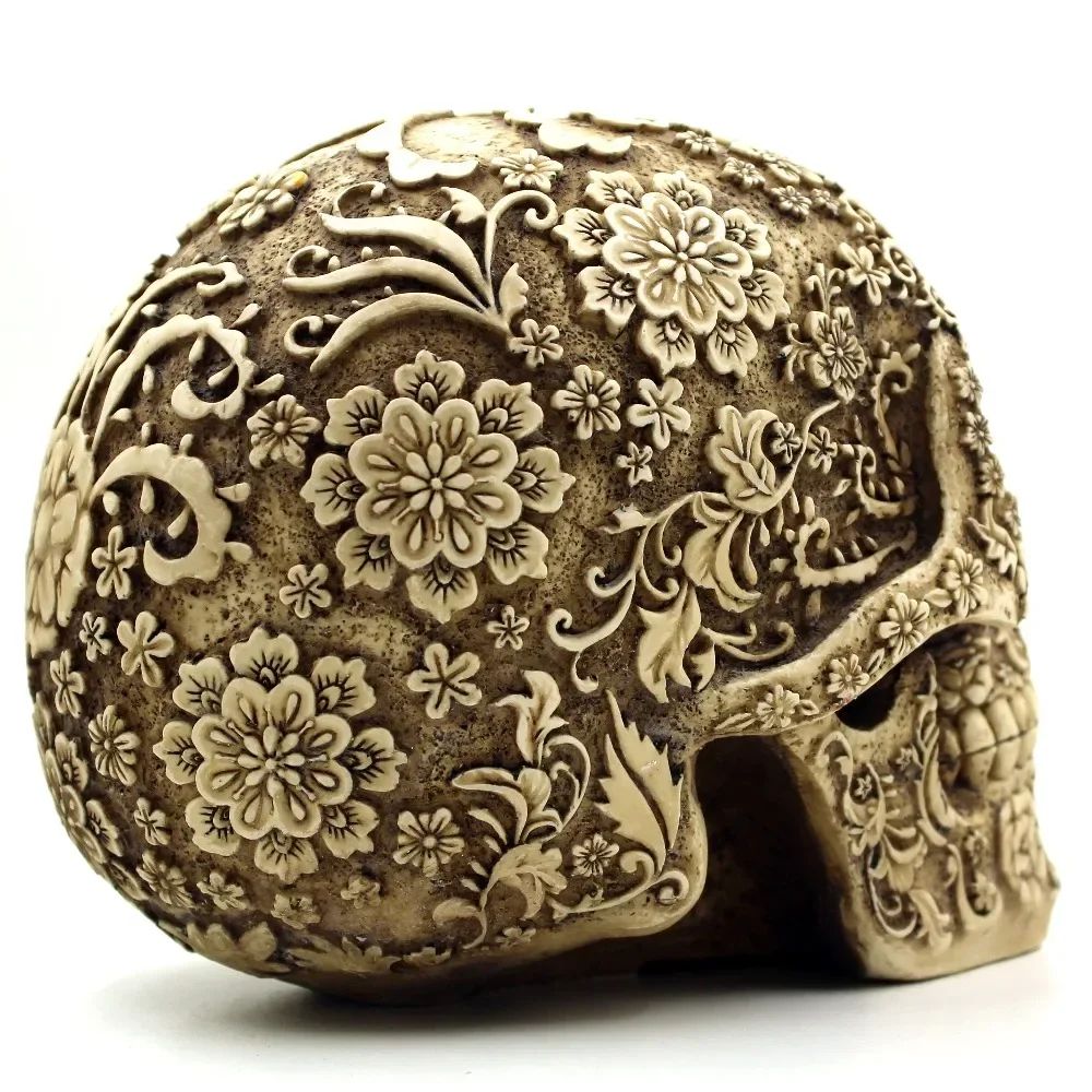 Elegant Resin Skull Sculpture with Plum Blossom Art – Gothic Home Decor Accent