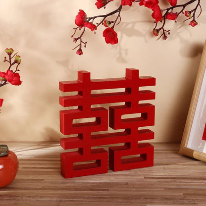 Double Happiness Xi Symbol Wooden Decor – Traditional Chinese Wedding & Festival Wall Ornament