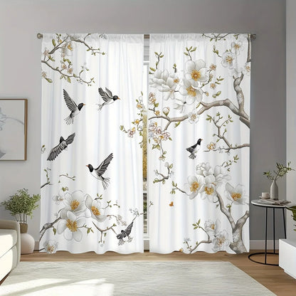 Elegant Floral Bird Print Curtains 2-Piece Botanical Polyester Window Drapes