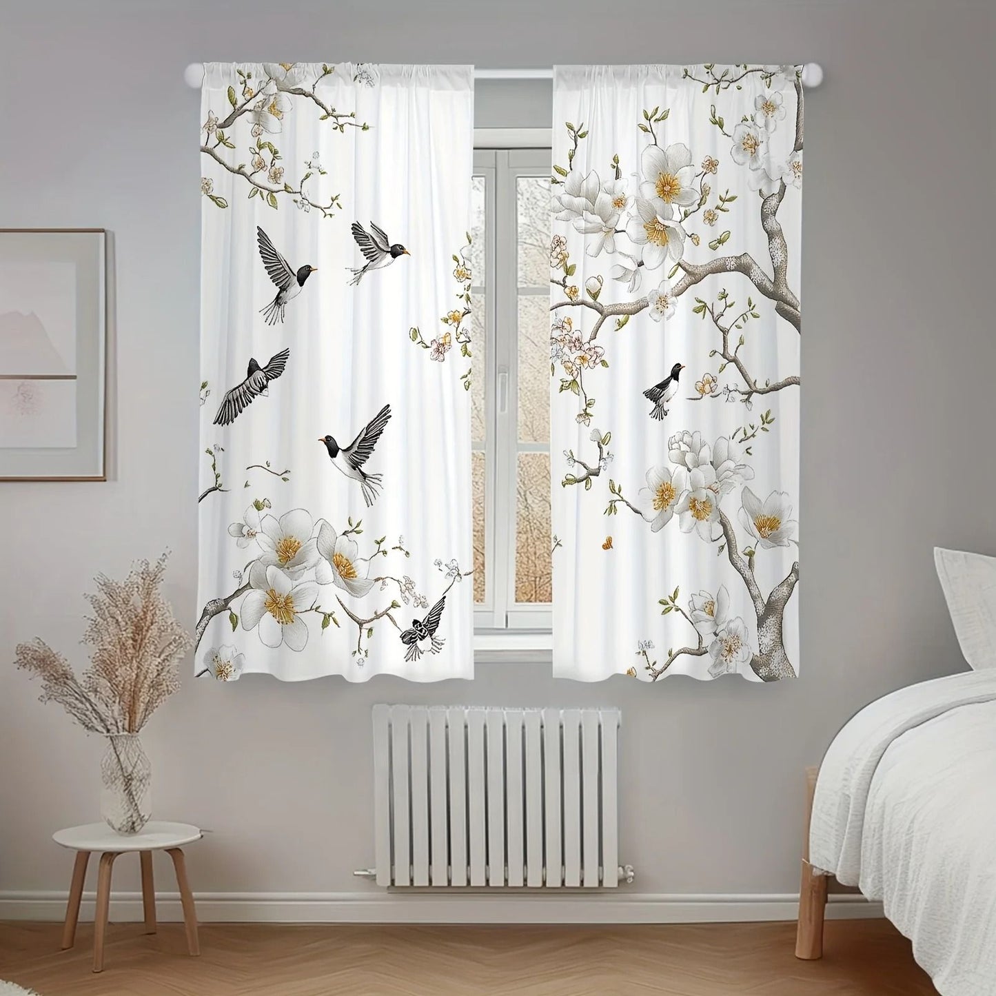 Elegant Floral Bird Print Curtains 2-Piece Botanical Polyester Window Drapes