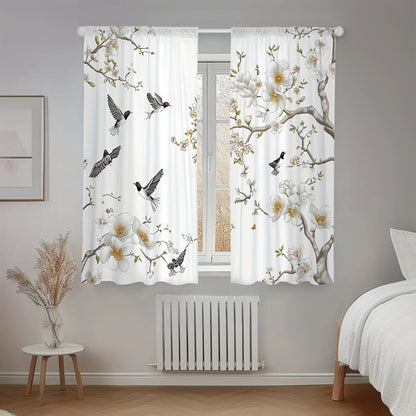 Elegant Floral Bird Print Curtains 2-Piece Botanical Polyester Window Drapes