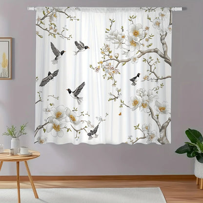 Elegant Floral Bird Print Curtains 2-Piece Botanical Polyester Window Drapes