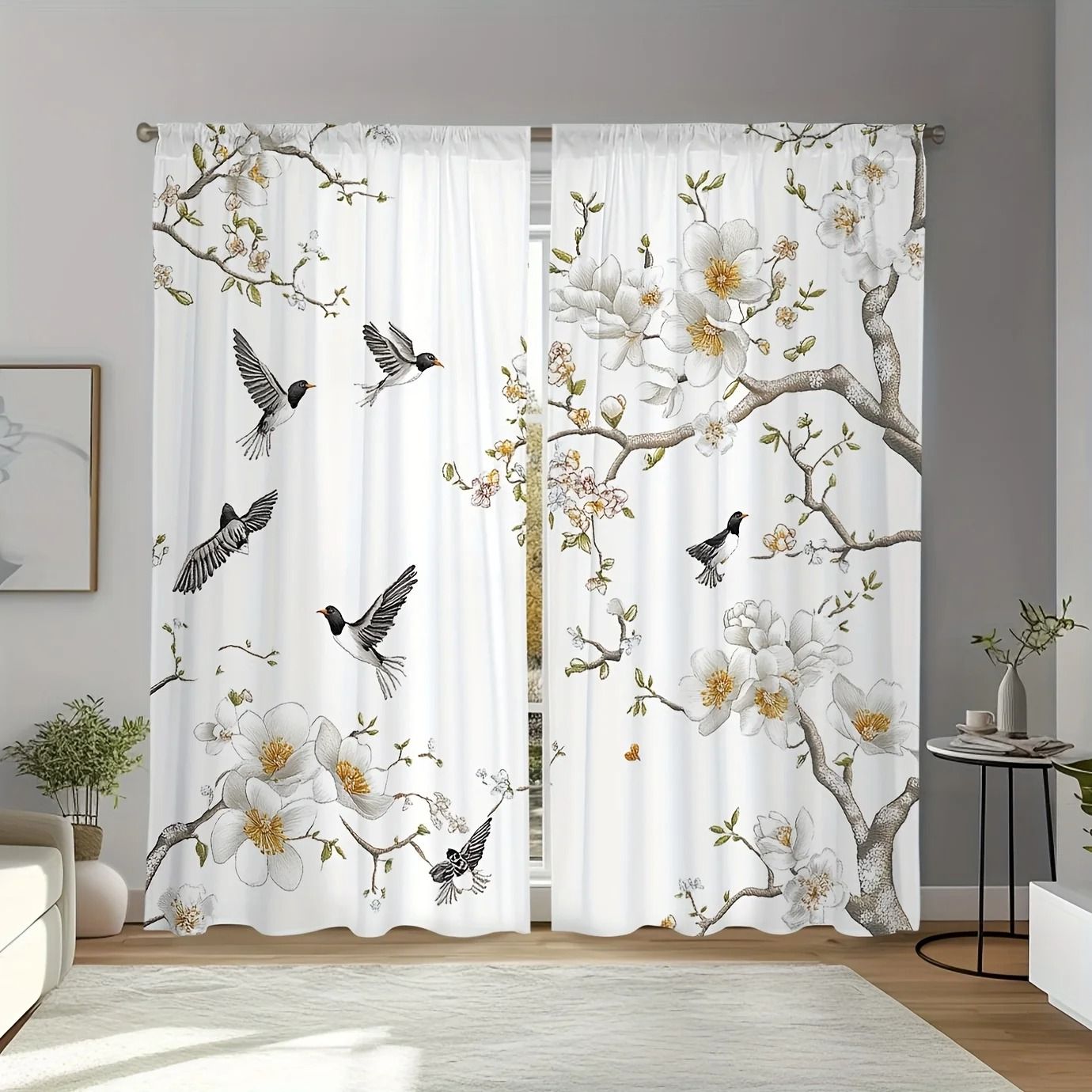 Elegant Floral Bird Print Curtains 2-Piece Botanical Polyester Window Drapes
