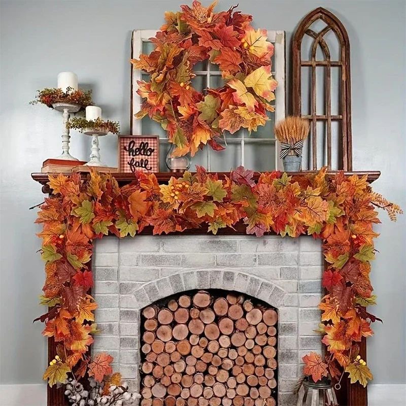 2M Artificial Fall Garland – Realistic Autumn Maple Leaf Decor for Festive Homes