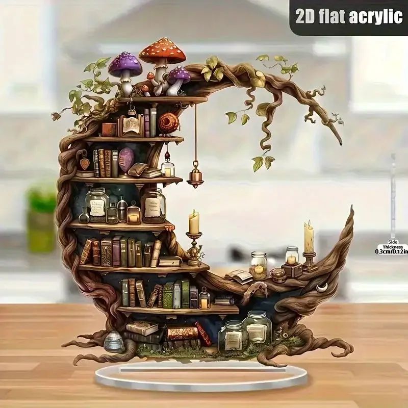 Moonlit Library Acrylic Decor – Bohemian Crescent Moon Bookshelf Accent