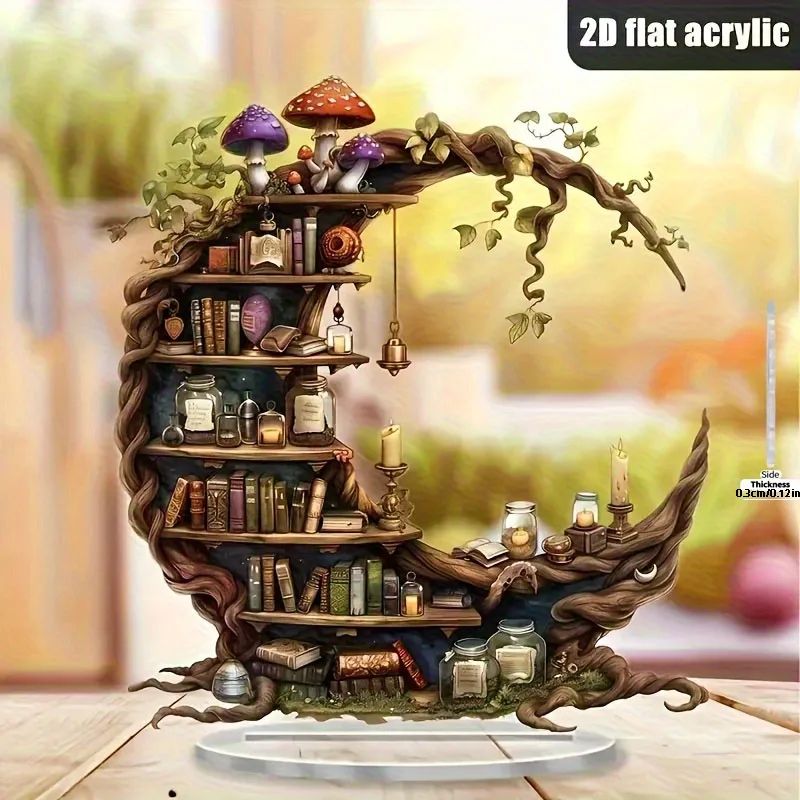 Moonlit Library Acrylic Decor – Bohemian Crescent Moon Bookshelf Accent