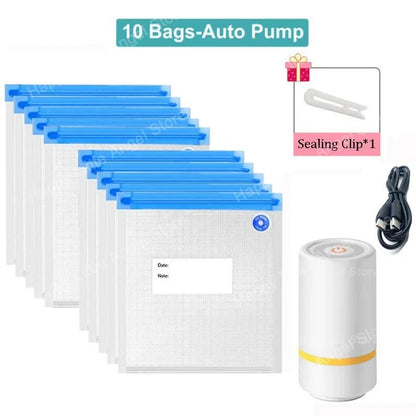 Reusable Vacuum Food Storage Bag Set – USB Electric Pump Sealing System – Eco-Friendly BPA-Free Zipper Bags for Sous Vid