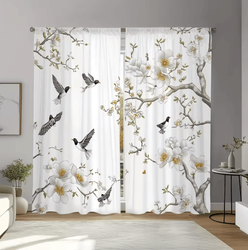 BloomVista Floral Bird Print Curtains Elegant Decorative Panels for Living Spaces