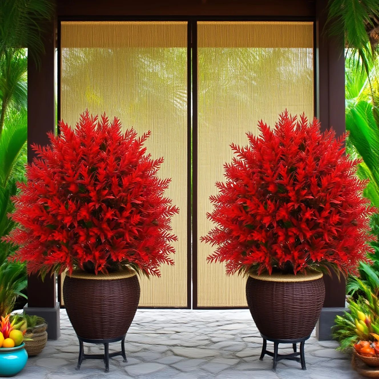 Red artificial garden stake flowers for Outdoor Planters and Porch Decor
